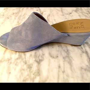 Light blue suede wedge slides 8.5